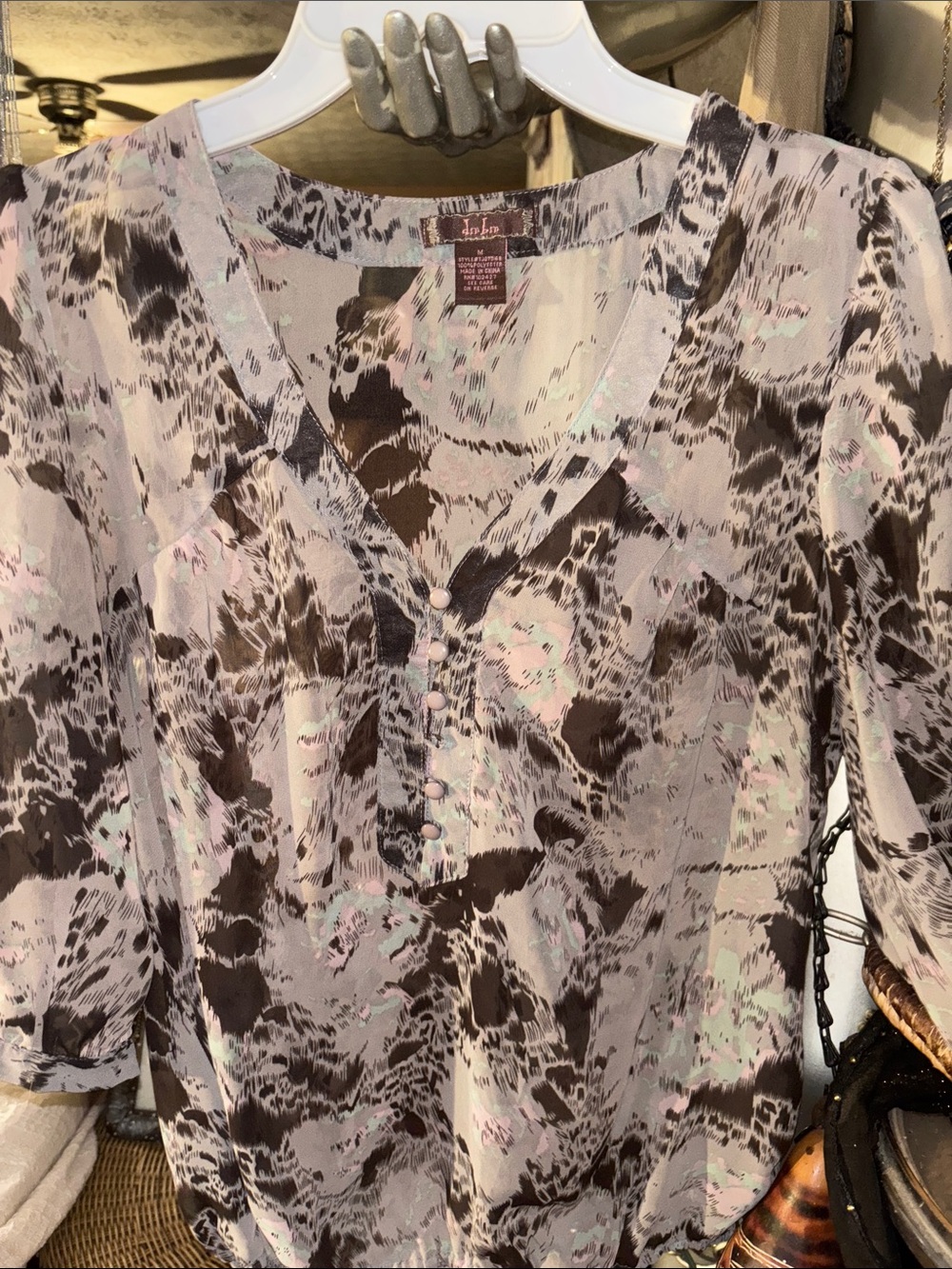 dol-jo Printed V-Neck Button-Front Blouse in Taupe, Brown & Pastel